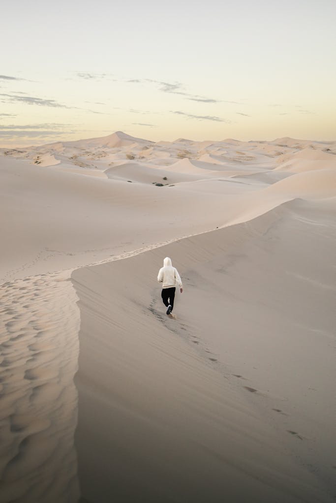 A lone person walks across the vast sandy dunes of Samalayuca under a serene sky.